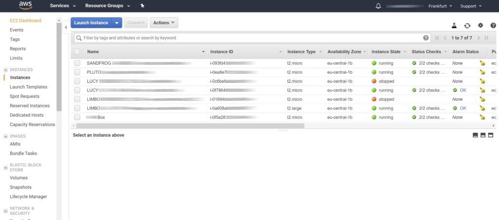 AWS - Amazon Web Services - Dashboard - EC2 Frankfurt - virtuelle Server - Cloudserver